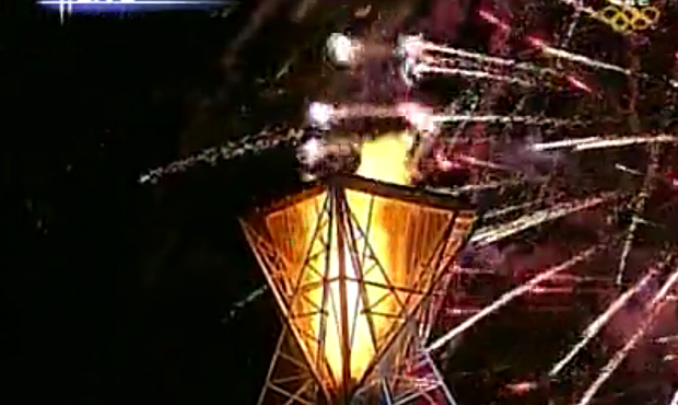 Fireworks light up the sky during the opening ceremony for the 2002 Salt Lake City Winter Games. (K...