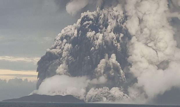 This photo from the Tonga Geological Services shows the Hunga-Tonga-Hunga-Ha’apai eruption and th...