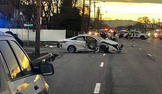 Two cars collided at approximately 3200 South and 700 East on Thursday, Jan. 6, 2022. (Jeffrey Dahd...