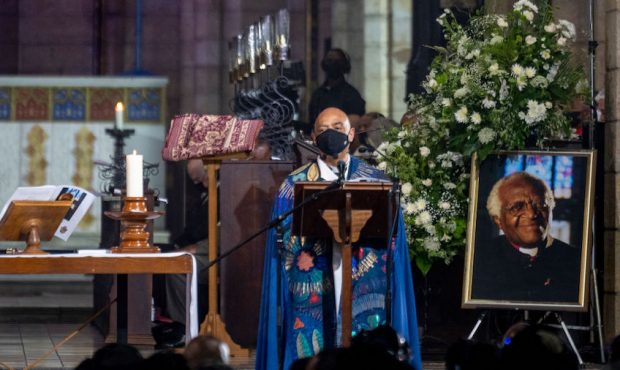 Reverend Michael Weeder, Dean of Cape Town, speaks during the funeral of emeritus Archbishop and No...