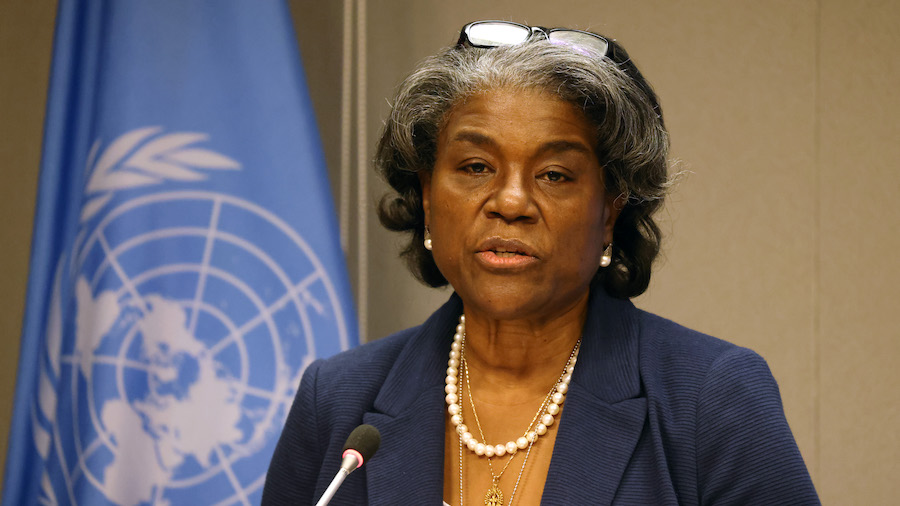 FILE: Linda Thomas-Greenfield, the U.S. Ambassador to the United Nations, speaks to the media at a ...