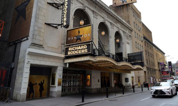 A view of "Hamilton" signage outside the Richard Rodgers Theatre on December 16, 2021 in New York C...