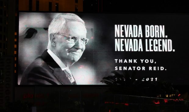 A digital sign at Planet Hollywood Resort & Casino displays a tribute to former Democratic Nevada S...