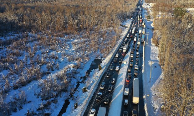 In an aerial view, traffic creeps along Virginia Highway 1 after being diverted away from I-95 afte...