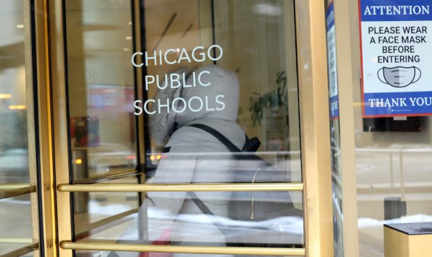A sign is displayed at the entrance of the headquarters for Chicago Public Schools on January 05, 2...