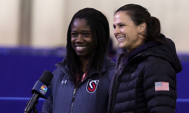 Erin Jackson and Brittany Bowe speak to the media during the 2022 U.S. Speedskating Long Track Olym...