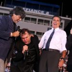 DEFIANCE, OH - OCTOBER 25:  (L-R) Musicians Randy Owen and Meat Loaf sing with Republican presidential candidate, former Massachusetts Gov. Mitt Romney and musician John Rich during a campaign rally at Defiance High School on October 25, 2012 in Defiance, Ohio. Mitt Romney is campaigning in Ohio with less than two weeks to go before the election.  (Photo by Justin Sullivan/Getty Images)