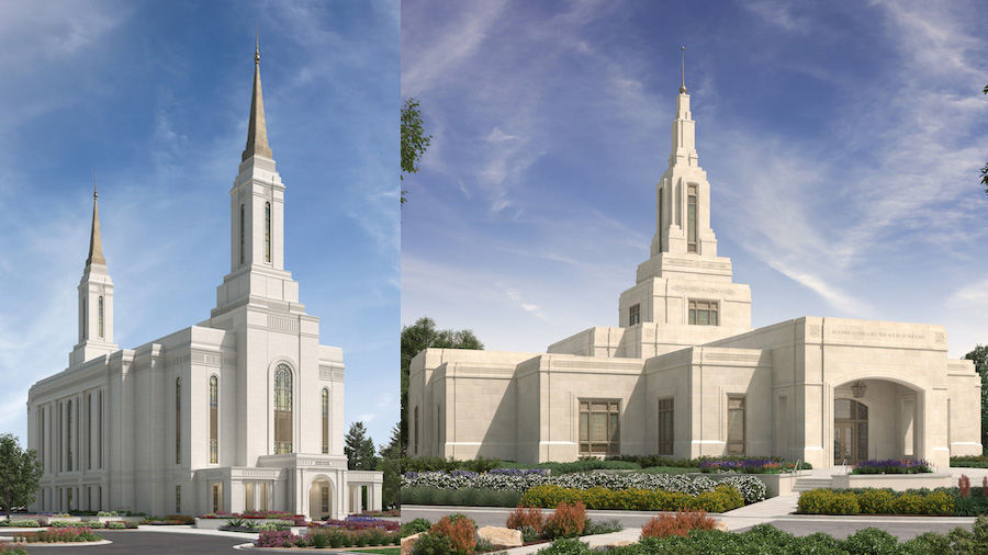 Artist renderings of the Lindon Utah Temple (left) and Farmington New Mexico Temple (right). (The C...