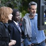 (from left) Jessica Chastain, Lupita Nyong'o and director Simon Kinberg on the set of The 355.