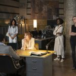 (from left) Larry Marks (John Douglas Thompson, back to camera), Graciela (Penélope Cruz), Mason “Mace” (Jessica Chastain), Khadijah (Lupita Nyong'o) and Marie (Diane Kruger) in The 355, co-written and directed by Simon Kinberg.