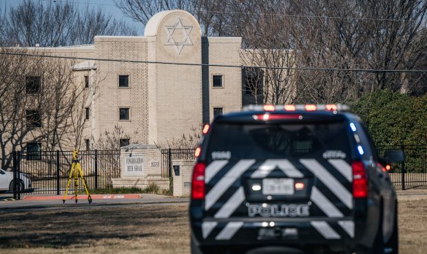 COLLEYVILLE, TEXAS - JANUARY 16: A law enforcement vehicle sits near the Congregation Beth Israel s...