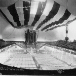 Shown above, the flag hung in the tabernacle. The flag measured 158 feet by 75 feet with the forty-fifth star illuminated. (Utah State University, Merrill Library, Special Collections. Photograph also available at Utah State Historical Society, Marriott Library, and the LDS Church Historical Department.)