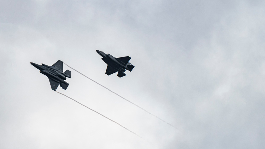 Two U.S. Air Force F-35 Lightning II aircraft assigned to the 34th Fighter Squadron at Hill Air For...