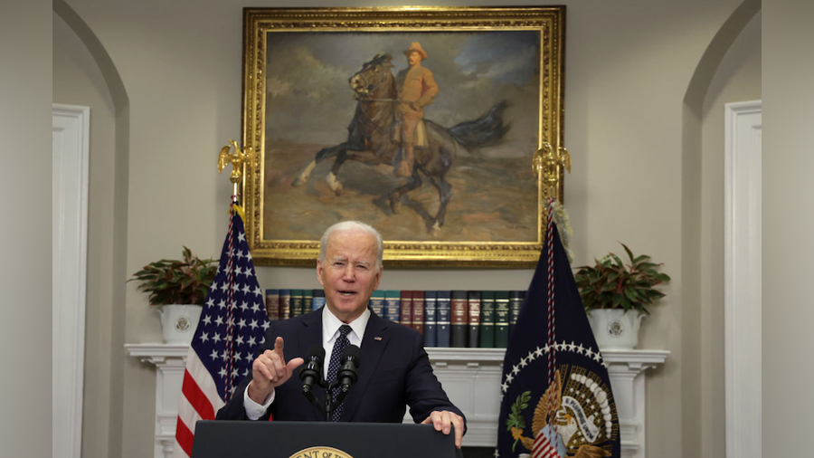 U.S. President Joe Biden speaks to update the situation of the Ukraine-Russia border crisis during ...