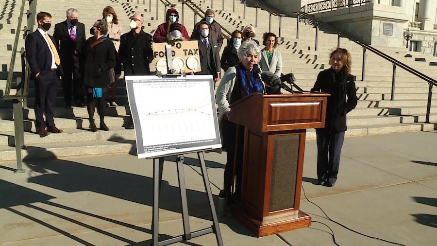 Utah Reps. Rosemary Lesser and Judy Weeks Rohner call for an end to the state's food tax during a p...