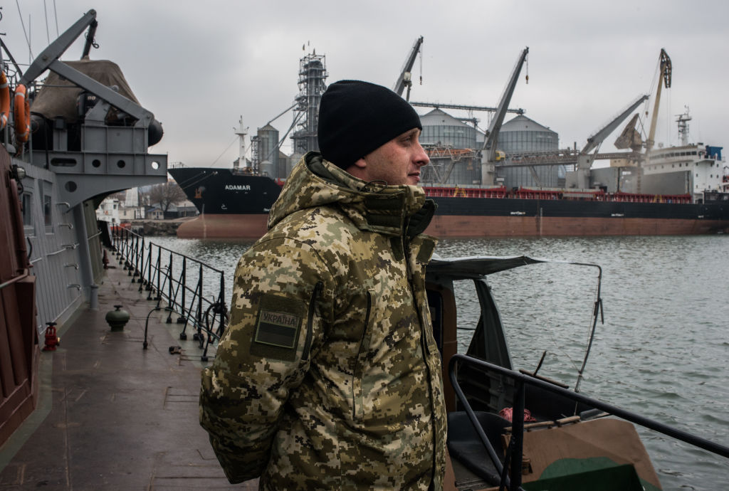 FILE: MARIUPOL, UKRAINE - NOVEMBER 28: A Ukrainian sea border security force commander looks out ov...