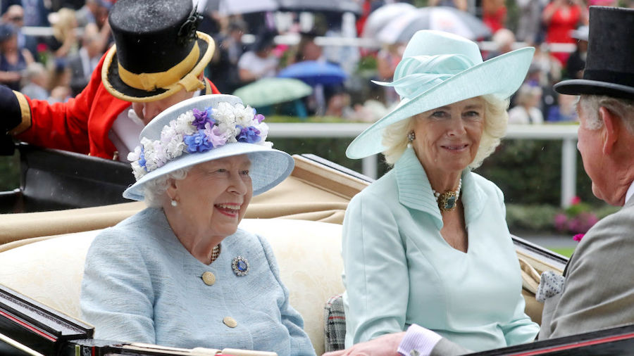 Queen Elizabeth II and Camilla, Duchess of Cornwall arrive in a horse carriage on day two of Royal ...