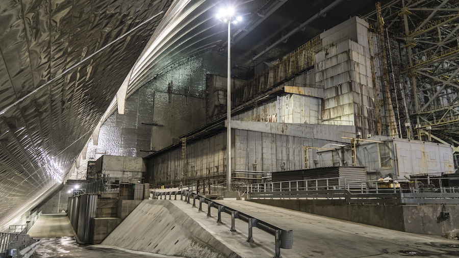 FILE: A view inside the 'New Safe Confinement' of the old sarcophagus entombing the destroyed react...