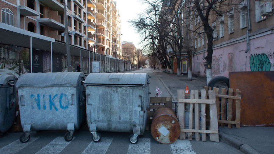 A view of a makeshift barricade on February 28, 2022 in Kyiv, Ukraine. As Russia's large-scale inva...