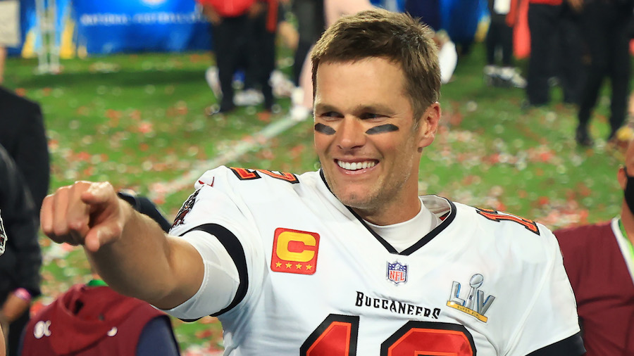Tom Brady #12 of the Tampa Bay Buccaneers celebrates after defeating the Kansas City Chiefs in Supe...