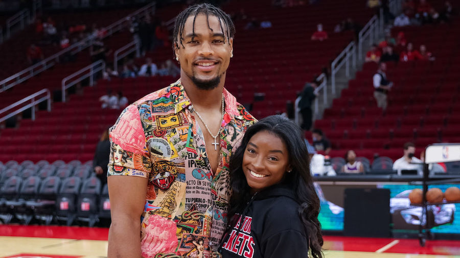 Simone Biles and Jonathan Owens attend a game between the Houston Rockets and the Los Angeles Laker...