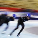 MILWAUKEE, WISCONSIN - JANUARY 09: Casey Dawson competes in the Men's Mass Start event during the 2022 U.S. Speedskating Long Track Olympic Trials at Pettit National Ice Center on January 09, 2022 in Milwaukee, Wisconsin. (Photo by Stacy Revere/Getty Images)