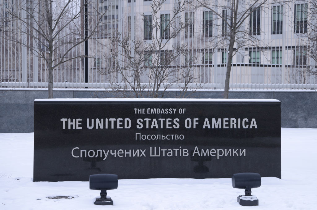 KYIV, UKRAINE - JANUARY 24: A view of the U.S. Embassy on January 24, 2022 in Kyiv, Ukraine. Accord...