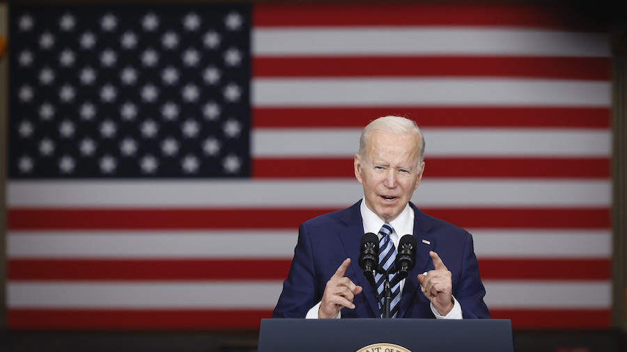 President Joe Biden deliver remarks about project labor agreements at  Ironworkers Local 5 on Febru...