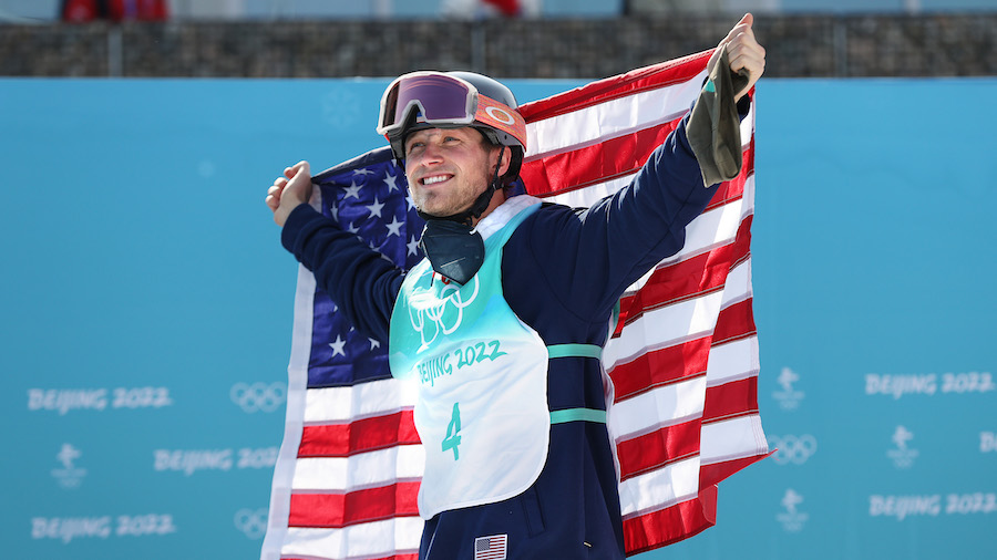 Silver medalist Colby Stevenson of Team United States celebrates after the Men's Freestyle Skiing F...
