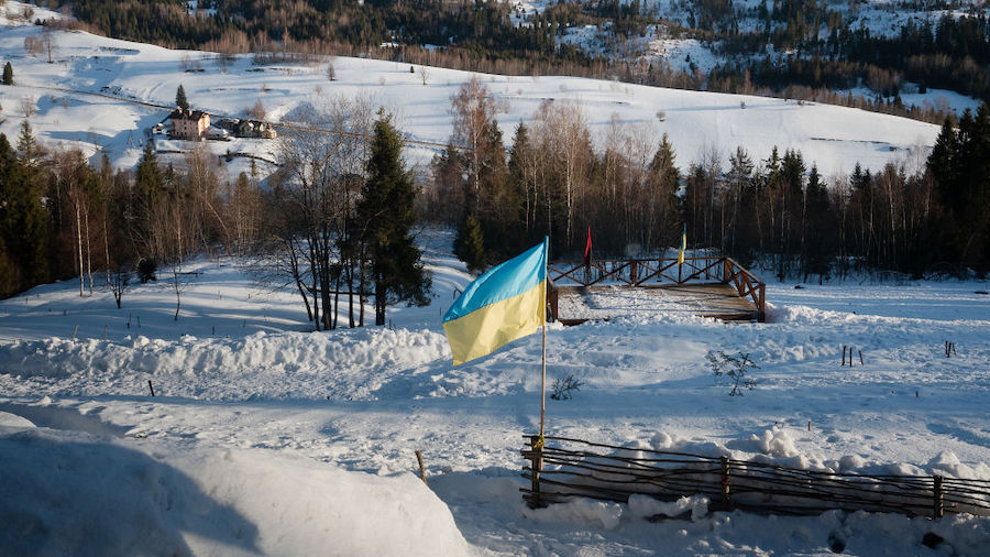 The Ukrainian flag and the flag of the Ukrainian Insurgent Army, or UPA, at the Haidamatska Sich on...