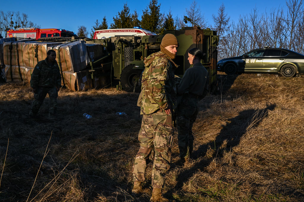 WOLA KORZENIECKA, POLAND - FEBRUARY 24: A crashed U.S. Army military vehicle assigned to the 82nd A...