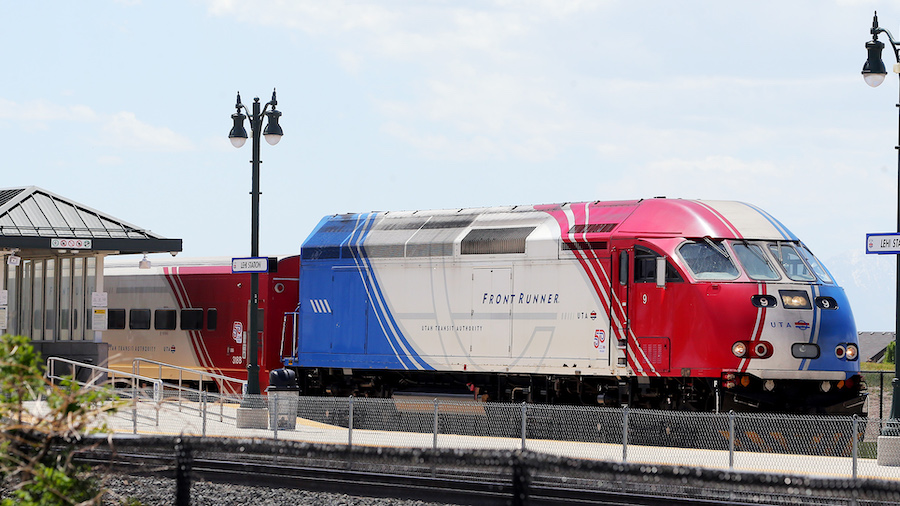 FILE: A northbound FrontRunner train pulls out of the Lehi Station on Tuesday, May 19, 2020. (Scott...