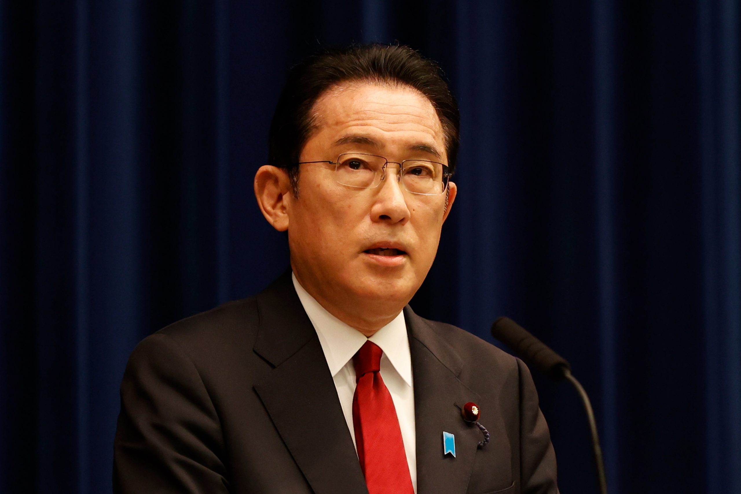 TOKYO, JAPAN - FEBRUARY 25: Japanese Prime Minister Fumio Kishida speaks at a news conference on Fe...