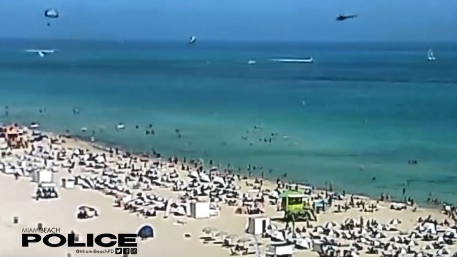 Miami Beach Police shared a video on Twitter of a helicopter falling into the Atlantic Ocean on Sat...