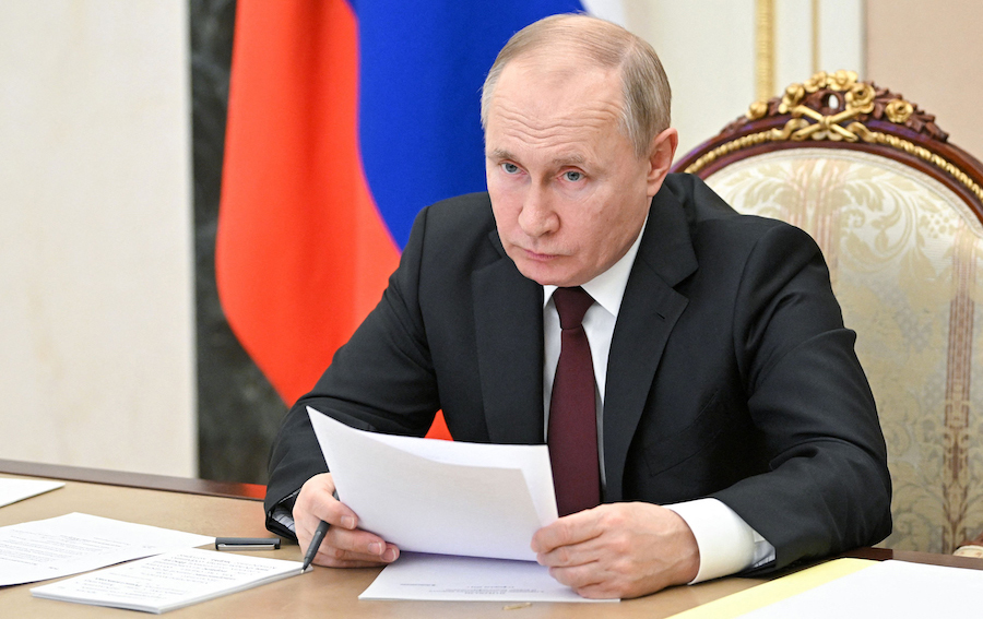 Russia's President Vladimir Putin chairs a meeting on economic issues in Moscow on Feb. 17, 2022. (...
