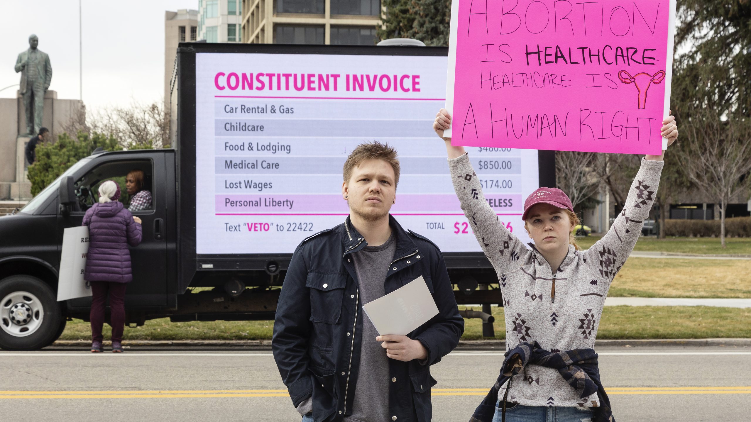 FILE - Blake Coker and Autumn Myers protest Senate Bill 1309, the Fetal Heartbeat Protection Act, d...