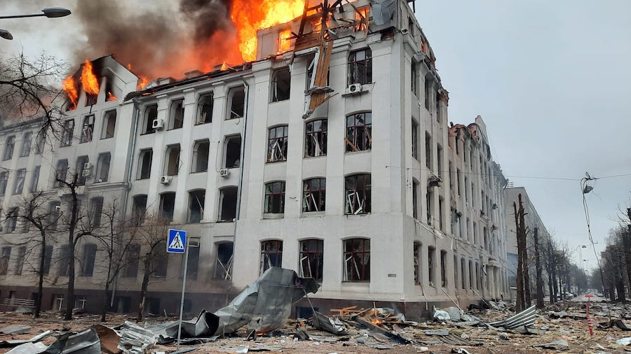 A photo from Ukraine's State Emergency Services shows the result of a missile strike on the buildin...