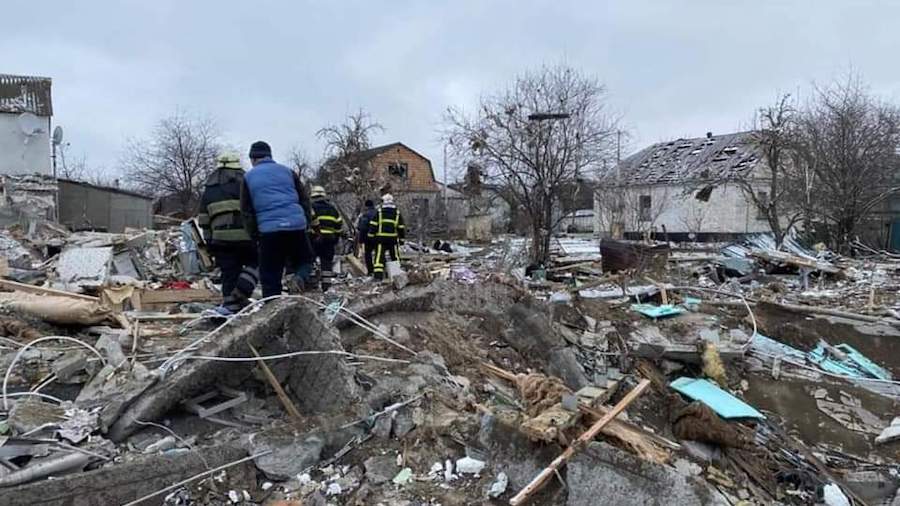 A photo from the Ukrainian Emergency Service shows the aftermath of bombing in the Kyiv region, Fas...