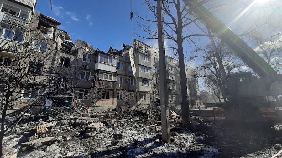Three five-story residential buildings were damaged as a result of the shelling in Kharkiv, accordi...