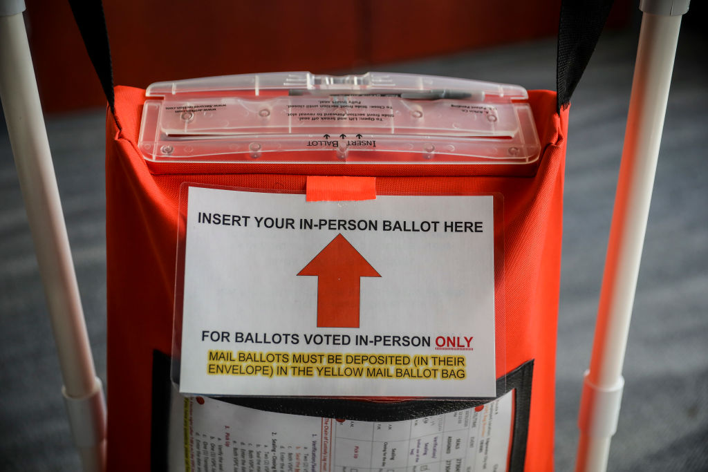 EDGEWATER, CO - NOVEMBER 03: An in-person ballot collection box at Edgewater City Hall on November ...