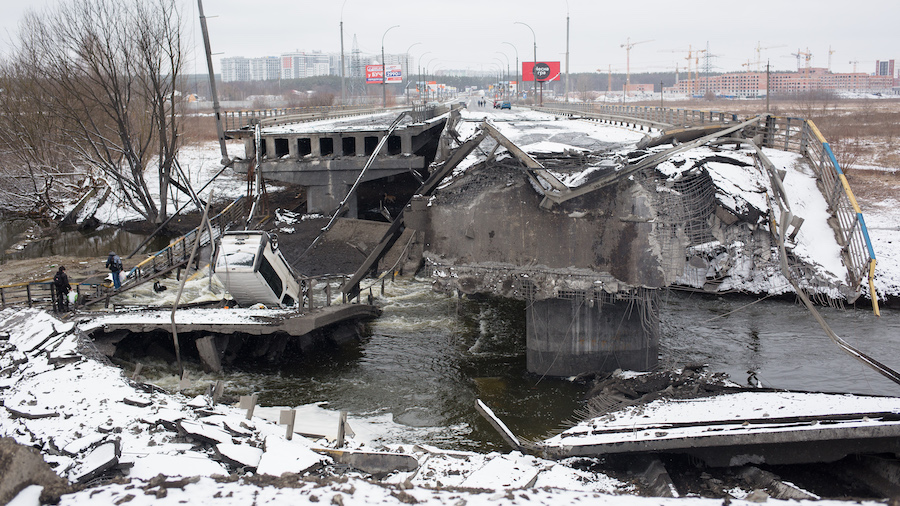 A view to a destroyed bridge on March 1, 2022, in Irpin, Ukraine. Russian forces continued their ad...