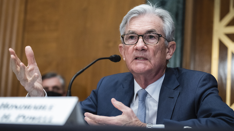 Federal Reserve Chairman Jerome Powell testifies during the Senate Banking Committee hearing titled...