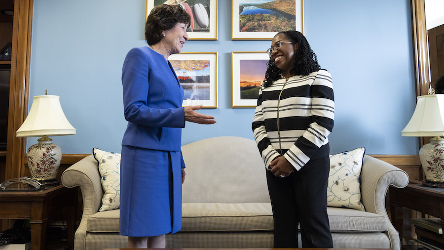 FILE: Supreme Court nominee Ketanji Brown Jackson meets with Sen. Susan Collins (R-ME) in Collins' ...