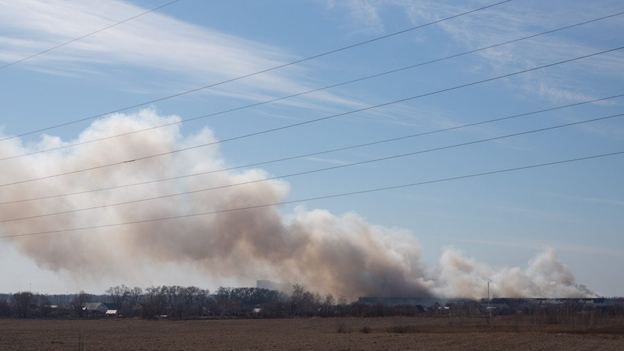 A view to a burning storage facility and the smoke over the city on March 12, 2022 in Brovary, Ukra...