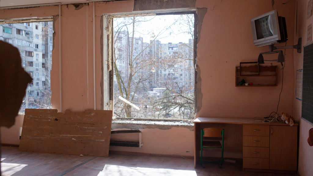 KYIV, UKRAINE - MARCH 17: A view to the classroom of the school which got damaged by rocket debris ...