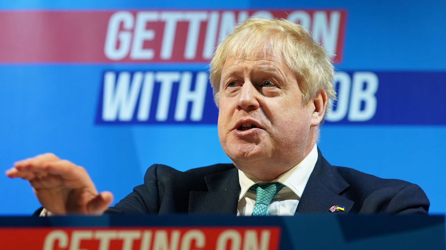 British Prime Minister Boris Johnson addresses delegates during the Conservative Party Spring Confe...