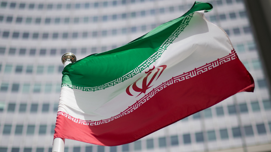 VIENNA, AUSTRIA - MAY 24: The flag of Iran is seen in front of the building of the International At...