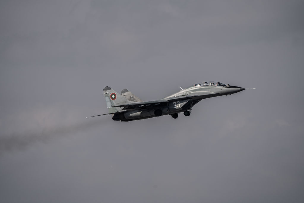 GRAF IGNATIEVO, BULGARIA - FEBRUARY 17: Bulgarian Air Force MiG-29 performs during the joint tasks ...