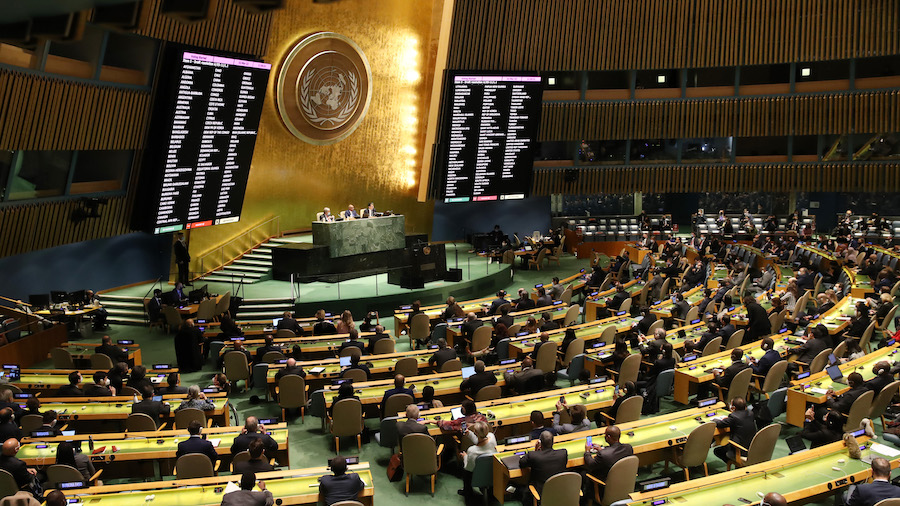 Voting takes place at the United Nations General Assembly during a special session on the violence ...