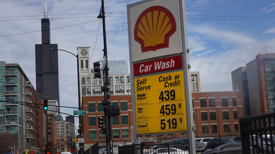 Gas prices are displayed on a sign at a gas station on March 03, 2022 in Chicago, Illinois. Increas...